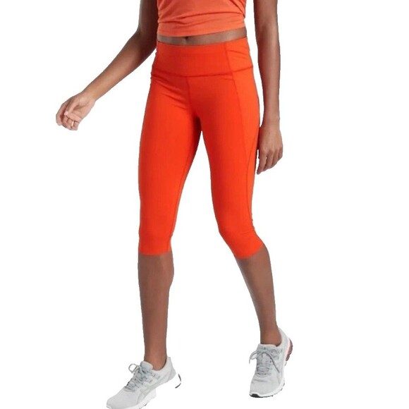 Athleta Womens Orange Velocity Crop Leggings seamless Size S W/Pockets - Picture 1 of 11